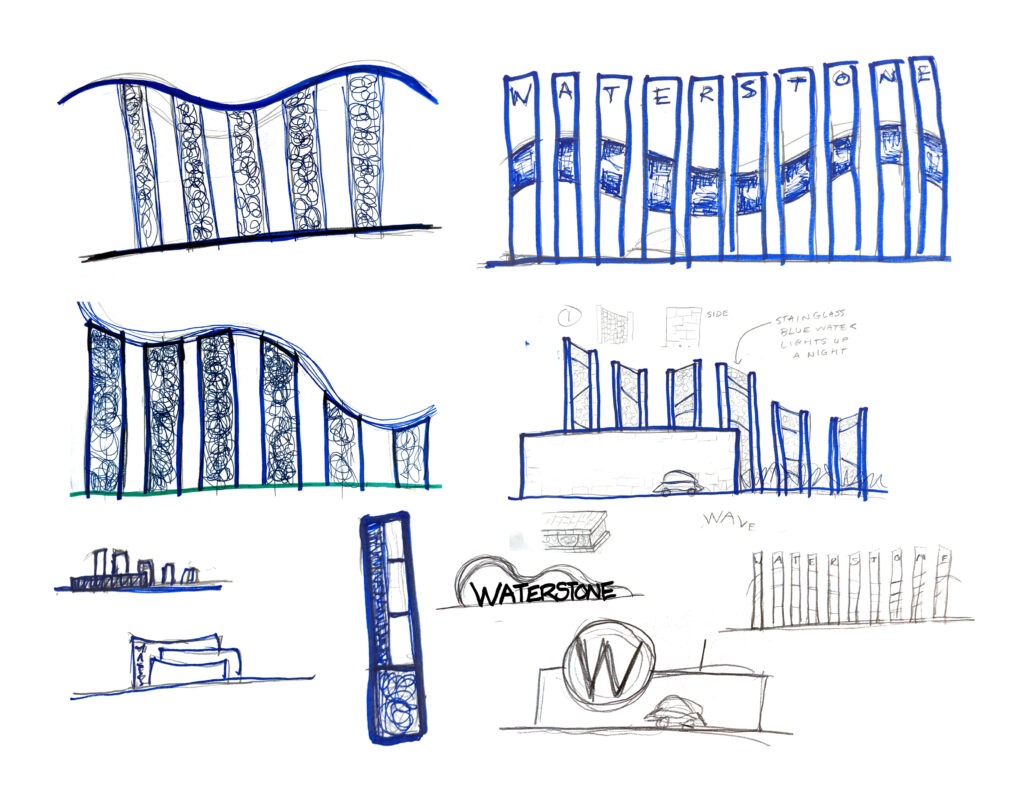 Initial creative concept sketches for Waterstone